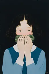 Midjourney generated image using SREF code Bluebone Drizzle: A painting of a girl covering her face with a watermelon.
