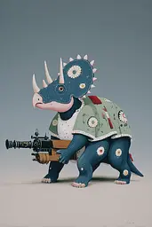 Midjourney generated image using SREF code Bluebone Drizzle: A painting of a triceratops with a machine gun.