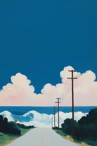 Midjourney generated image using SREF code Bluebone Drizzle: A painting of a road leading to the ocean.