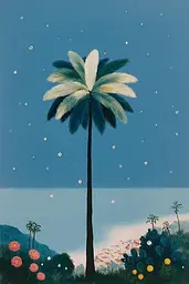 Midjourney generated image using SREF code Bluebone Drizzle: A painting of a palm tree in the middle of a field.