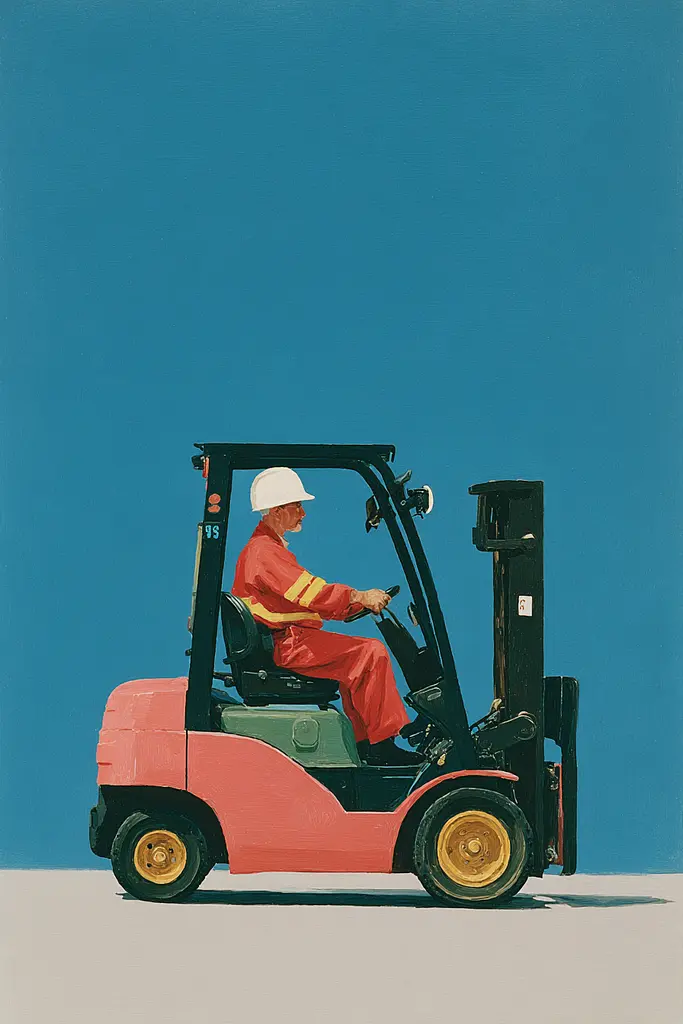 Midjourney generated image using SREF code Bluebone Drizzle: A painting of a man driving a forklift truck.