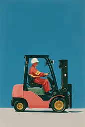 Midjourney generated image using SREF code Bluebone Drizzle: A painting of a man driving a forklift truck.