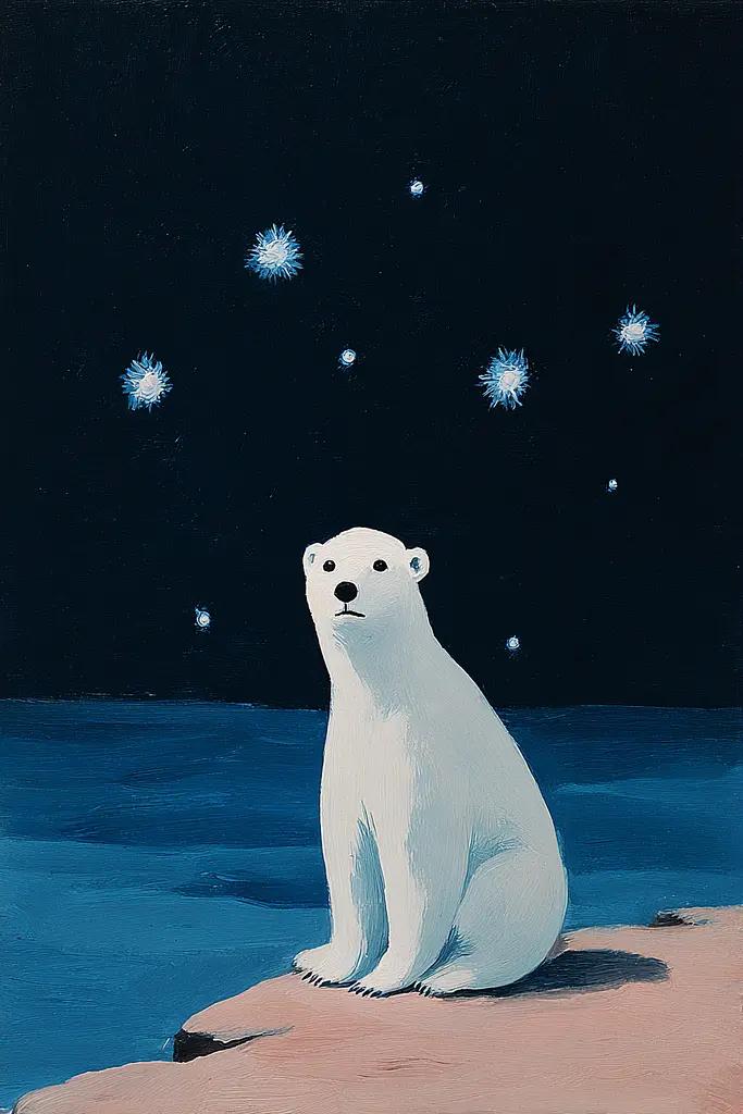 Midjourney generated image using SREF code Bluebone Drizzle: A painting of a polar bear sitting on a rock.