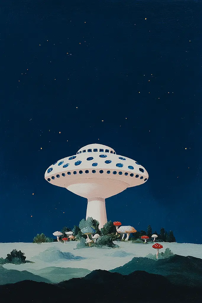 Midjourney generated image using SREF code Bluebone Drizzle: A painting of a mushroom house in the middle of a field.
