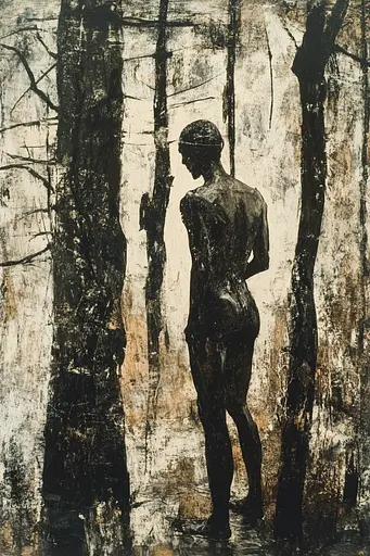 Midjourney generated image using SREF code Lurking Visions: A painting of a man standing in the woods.