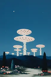 Midjourney generated image using SREF code Bluebone Drizzle: A painting of a group of mushrooms in the middle of a field.