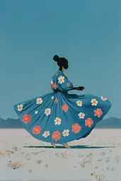 Midjourney generated image using SREF code Bluebone Drizzle: A painting of a woman in a blue dress with flowers on it.