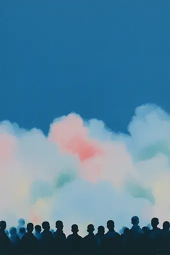 Midjourney generated image using SREF code Bluebone Drizzle: A group of people standing in front of a blue sky.