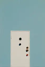 Midjourney generated image using SREF code Bluebone Drizzle: A painting of a white door with three buttons on it.