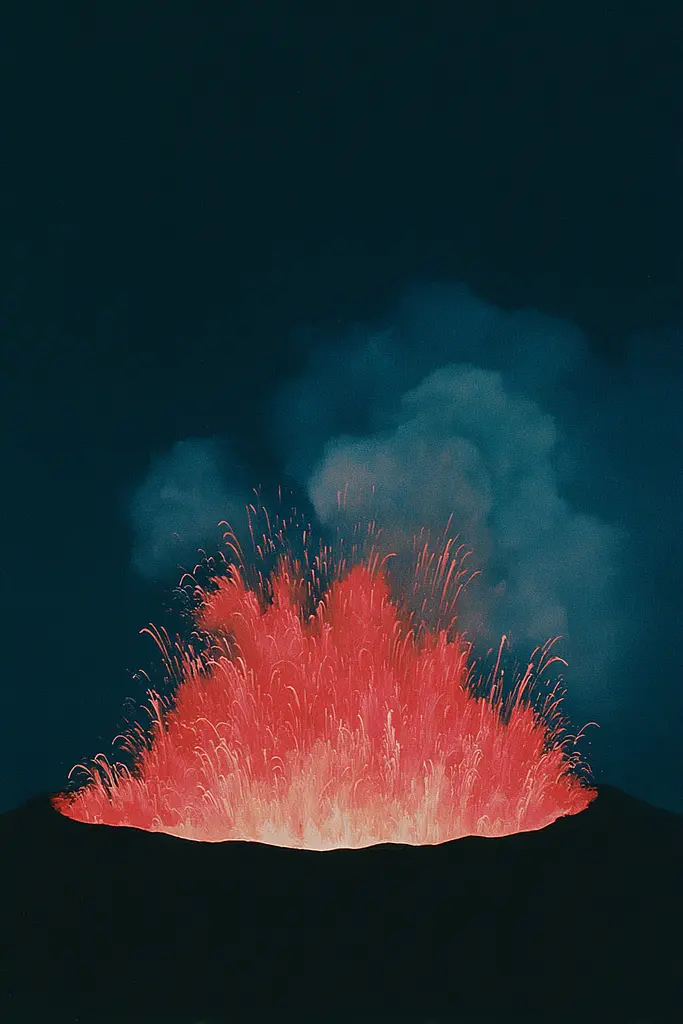 Midjourney generated image using SREF code Bluebone Drizzle: A painting of a volcano erupting lava into the air.