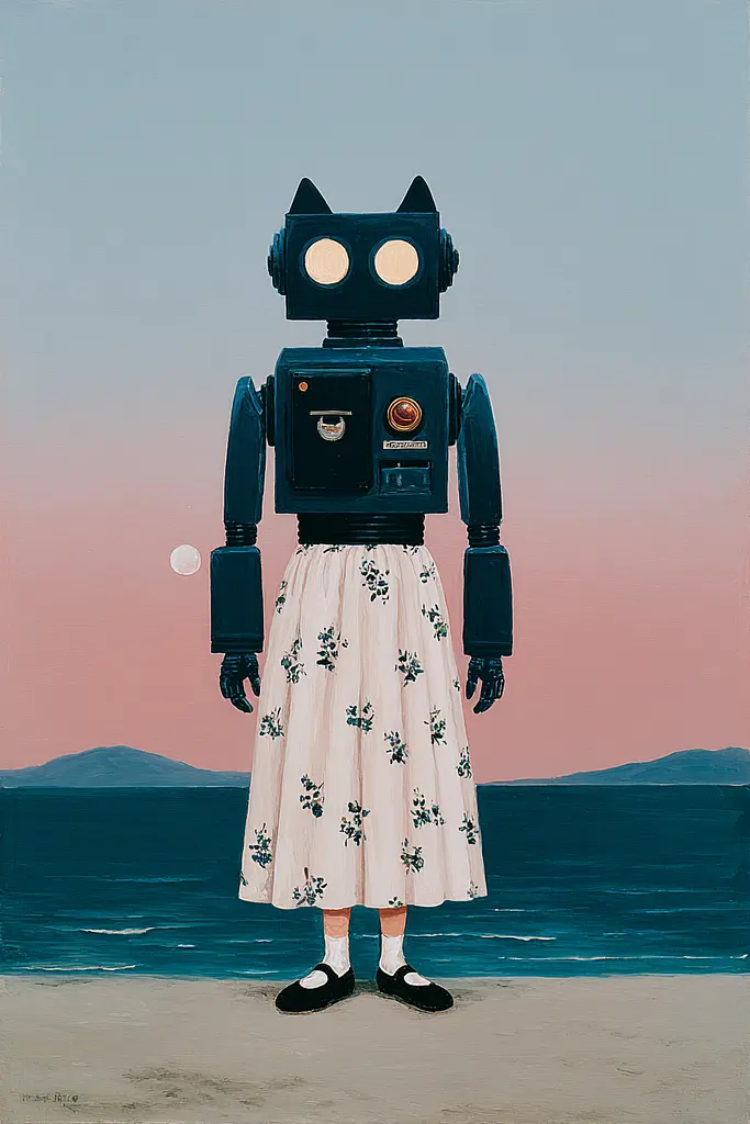 Midjourney generated image using SREF code Bluebone Drizzle: A painting of a robot standing on a beach.