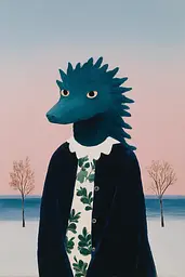 Midjourney generated image using SREF code Bluebone Drizzle: A painting of a blue wolf wearing a black coat.