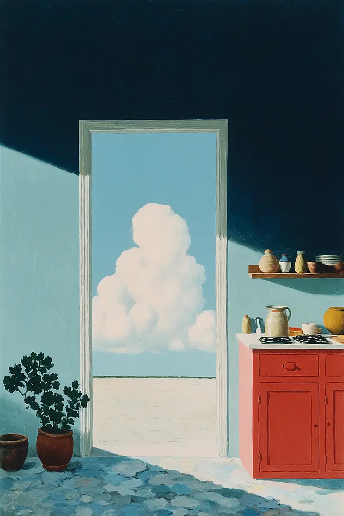 Midjourney generated image using SREF code Bluebone Drizzle: A painting of a kitchen with a red cabinet and a potted plant.