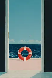 Midjourney generated image using SREF code Bluebone Drizzle: A painting of an open door with a life preserver in it.