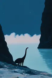 Midjourney generated image using SREF code Bluebone Drizzle: A painting of a brachiosaurus standing in front of a body of water.