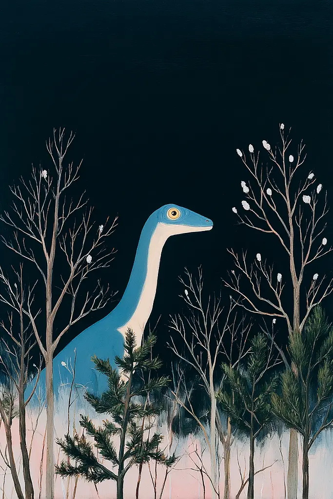 Midjourney generated image using SREF code Bluebone Drizzle: A painting of a dinosaur standing in the middle of a forest.