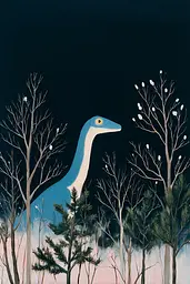 Midjourney generated image using SREF code Bluebone Drizzle: A painting of a dinosaur standing in the middle of a forest.