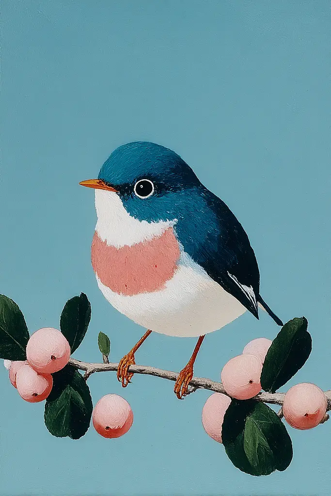 Midjourney generated image using SREF code Bluebone Drizzle: A painting of a bird sitting on a branch with pink berries.