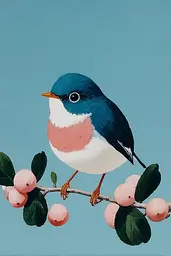 Midjourney generated image using SREF code Bluebone Drizzle: A painting of a bird sitting on a branch with pink berries.