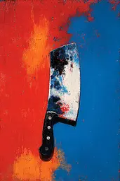 Midjourney generated image using SREF code Sootflare: A painting of a knife on a red and blue background.