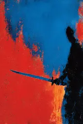 Midjourney generated image using SREF code Sootflare: A painting of a person holding a sword in front of a red and blue background.