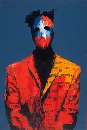 Midjourney generated image using SREF code Sootflare: A painting of a man in a red suit with a mask on.