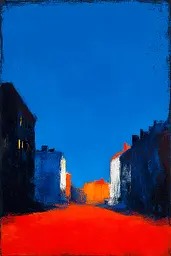 Midjourney generated image using SREF code Sootflare: A painting of a city street at night with a blue sky.