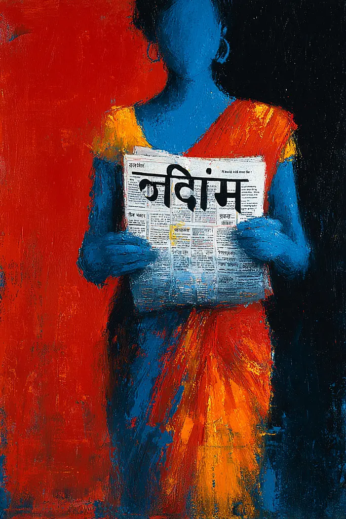 Midjourney generated image using SREF code Sootflare: A painting of a woman reading a newspaper.