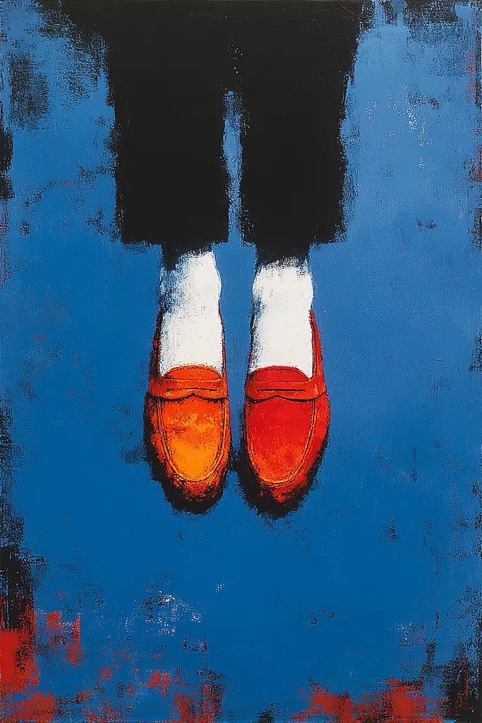 Midjourney generated image using SREF code Sootflare: A painting of a pair of red shoes on a blue background.