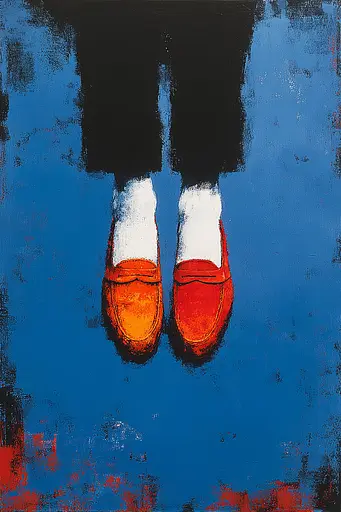 Midjourney generated image using SREF code Sootflare: A painting of a pair of red shoes on a blue background.