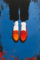 Midjourney generated image using SREF code Sootflare: A painting of a pair of red shoes on a blue background.