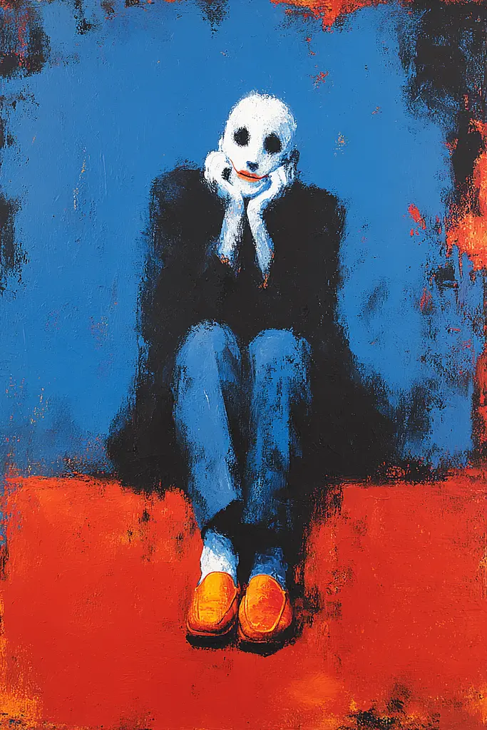 Midjourney generated image using SREF code Sootflare: A painting of a person sitting on a chair with a mask on.