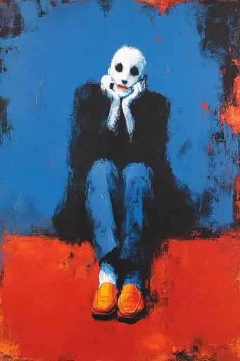 Midjourney generated image using SREF code Sootflare: A painting of a person sitting on a chair with a mask on.