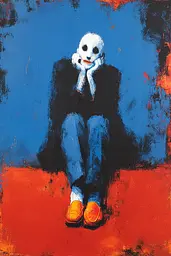 Midjourney generated image using SREF code Sootflare: A painting of a person sitting on a chair with a mask on.