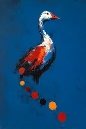Midjourney generated image using SREF code Sootflare: A painting of a goose on a blue background.