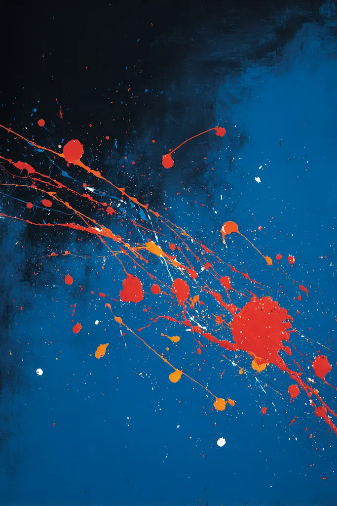 Midjourney generated image using SREF code Sootflare: A painting of red and orange paint splatters on a blue background.
