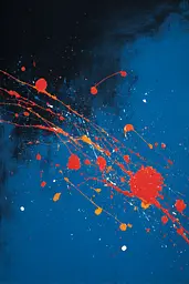 Midjourney generated image using SREF code Sootflare: A painting of red and orange paint splatters on a blue background.
