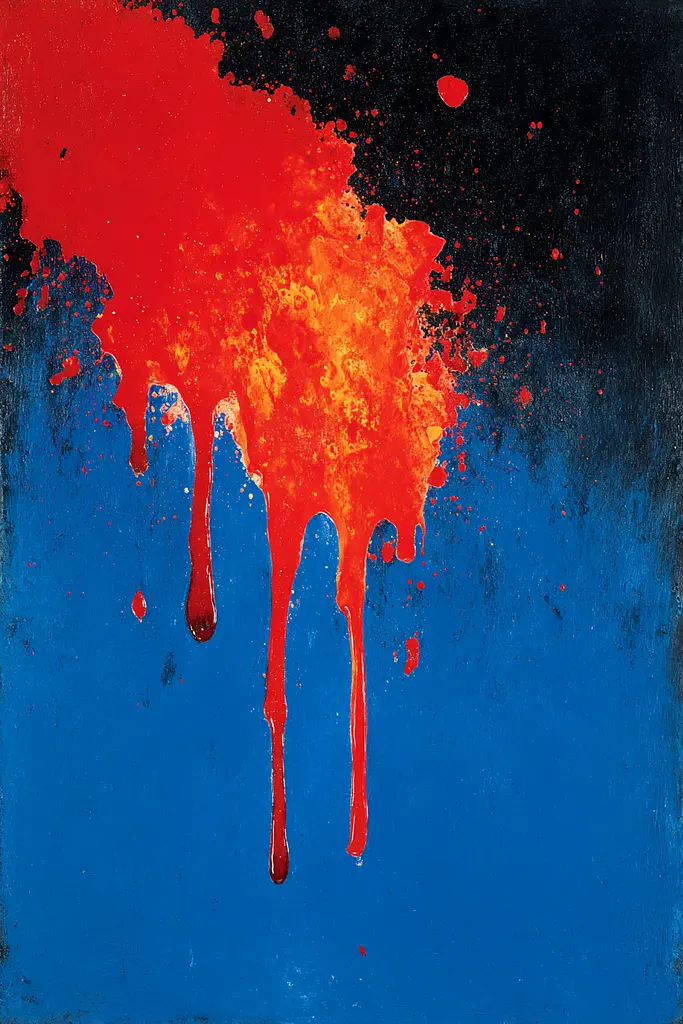 Midjourney generated image using SREF code Sootflare: A painting of red and blue paint dripping down a wall.