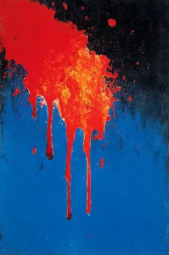 Midjourney generated image using SREF code Sootflare: A painting of red and blue paint dripping down a wall.