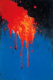 Midjourney generated image using SREF code Sootflare: A painting of red and blue paint dripping down a wall.