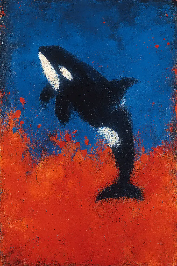 Midjourney generated image using SREF code Sootflare: A painting of a killer whale jumping out of the water.