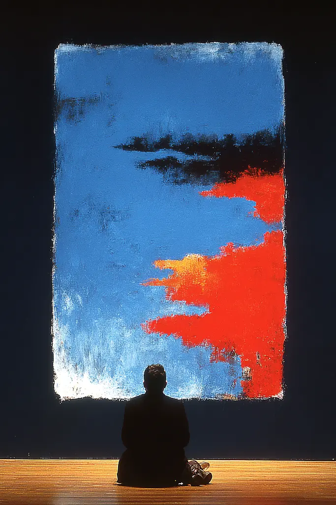 Midjourney generated image using SREF code Sootflare: A man sitting on the floor in front of a painting.
