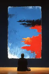 Midjourney generated image using SREF code Sootflare: A man sitting on the floor in front of a painting.