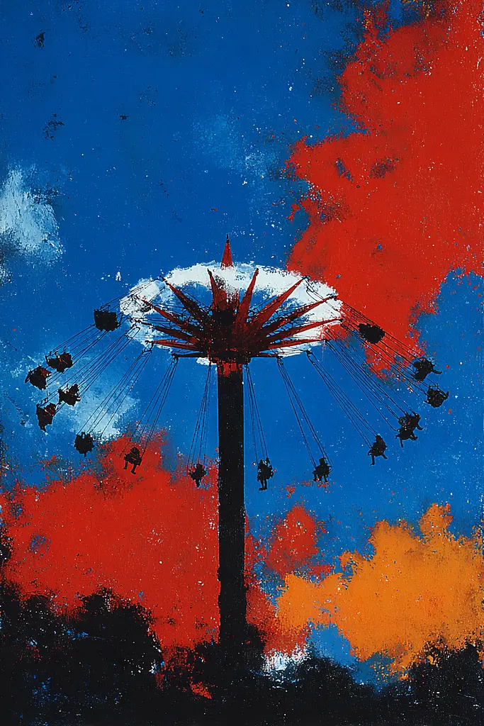 Midjourney generated image using SREF code Sootflare: A painting of a ferris wheel with people on it.