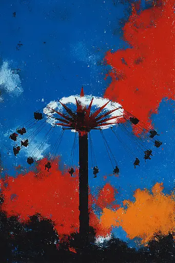 Midjourney generated image using SREF code Sootflare: A painting of a ferris wheel with people on it.