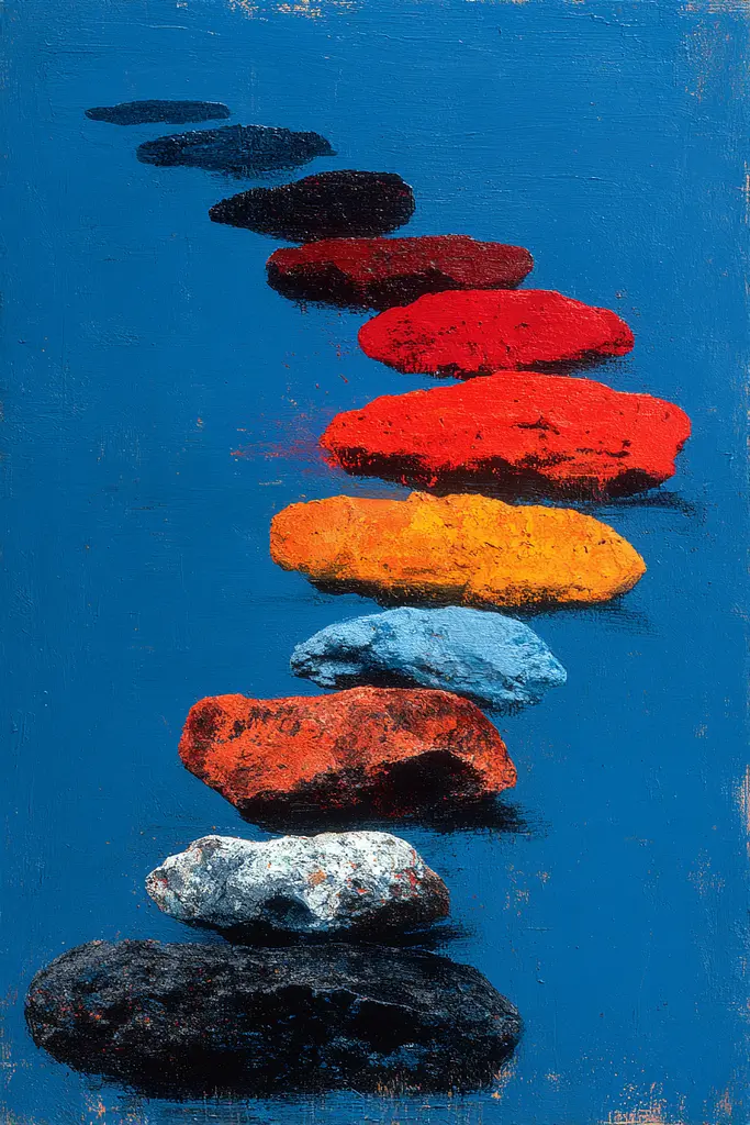 Midjourney generated image using SREF code Sootflare: A painting of a row of colorful rocks on a blue background.