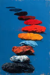 Midjourney generated image using SREF code Sootflare: A painting of a row of colorful rocks on a blue background.
