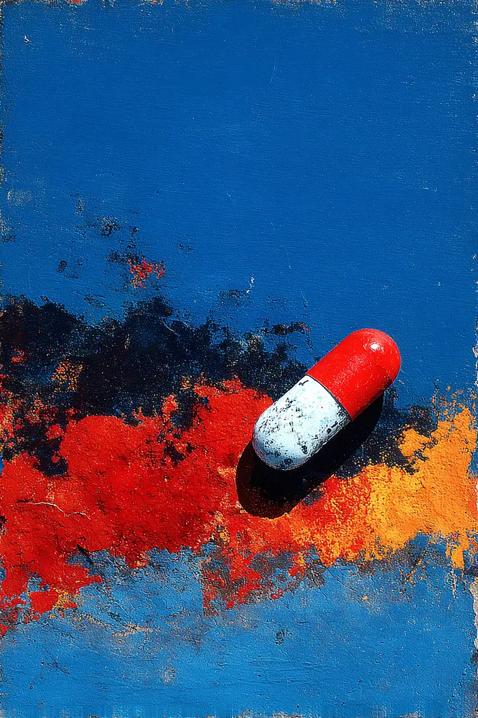 Midjourney generated image using SREF code Sootflare: A red and white pill sitting on top of a blue surface.