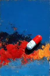 Midjourney generated image using SREF code Sootflare: A red and white pill sitting on top of a blue surface.