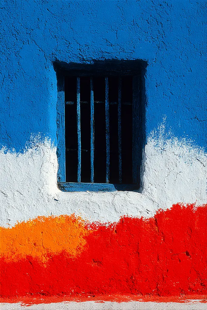 Midjourney generated image using SREF code Sootflare: A blue and red wall with a window in it.